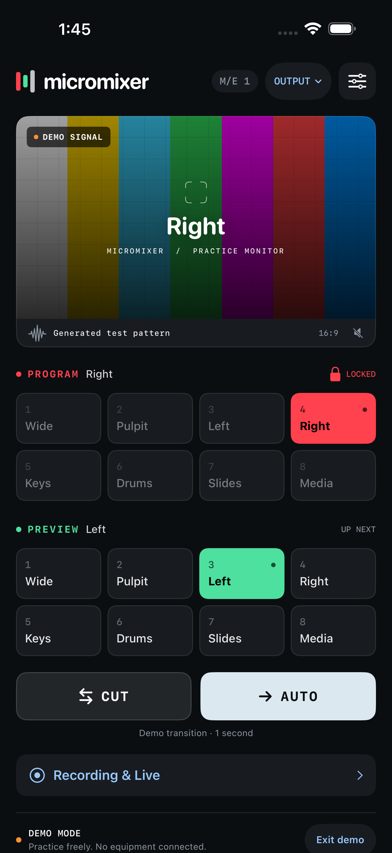 Micromixer in demo mode, with an SRT test pattern above Program and Preview source buttons, Cut, Auto, and Recording & Live controls